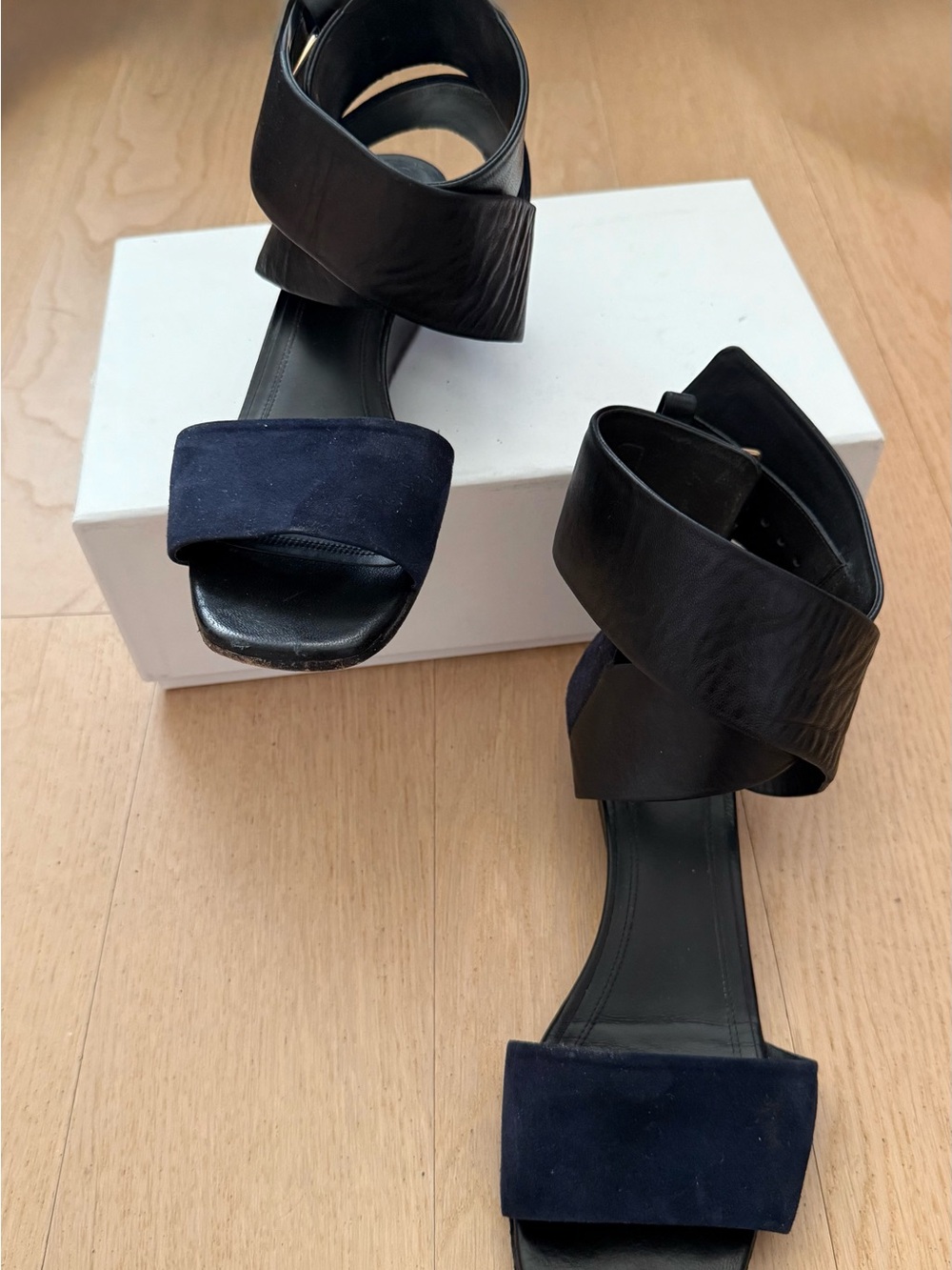 Celine Phoebe Philo Two tone Navy Suede Black Soft Leather cross Ankle Sandal 38